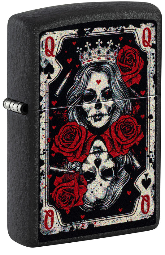 Black Zippo lighter with a design of a skull-faced queen of hearts P1