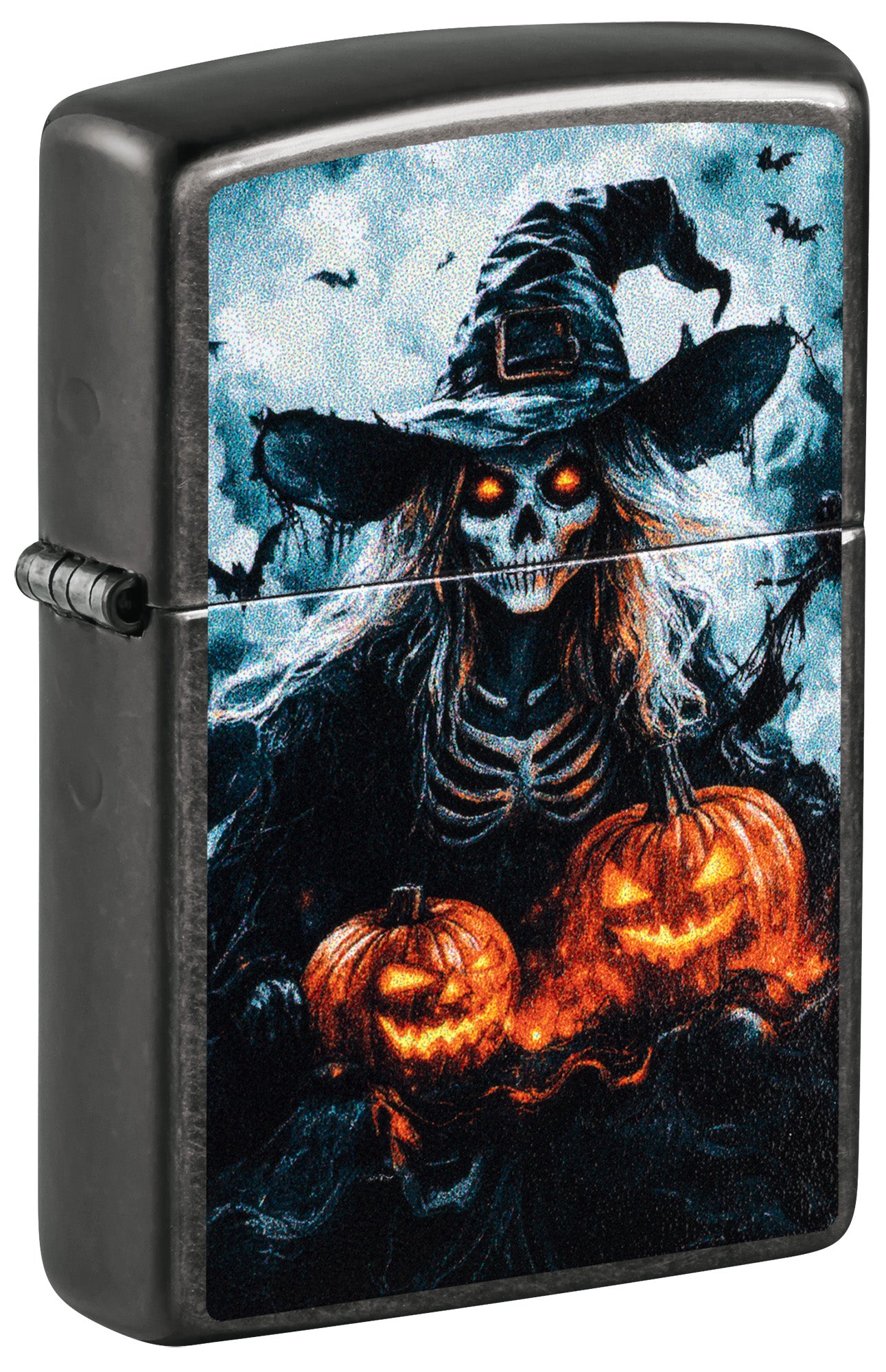 Black Zippo lighter with a Halloween design featuring a skeleton witch P1