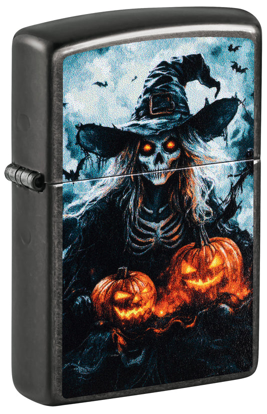 Black Zippo lighter with a Halloween design featuring a skeleton witch P1