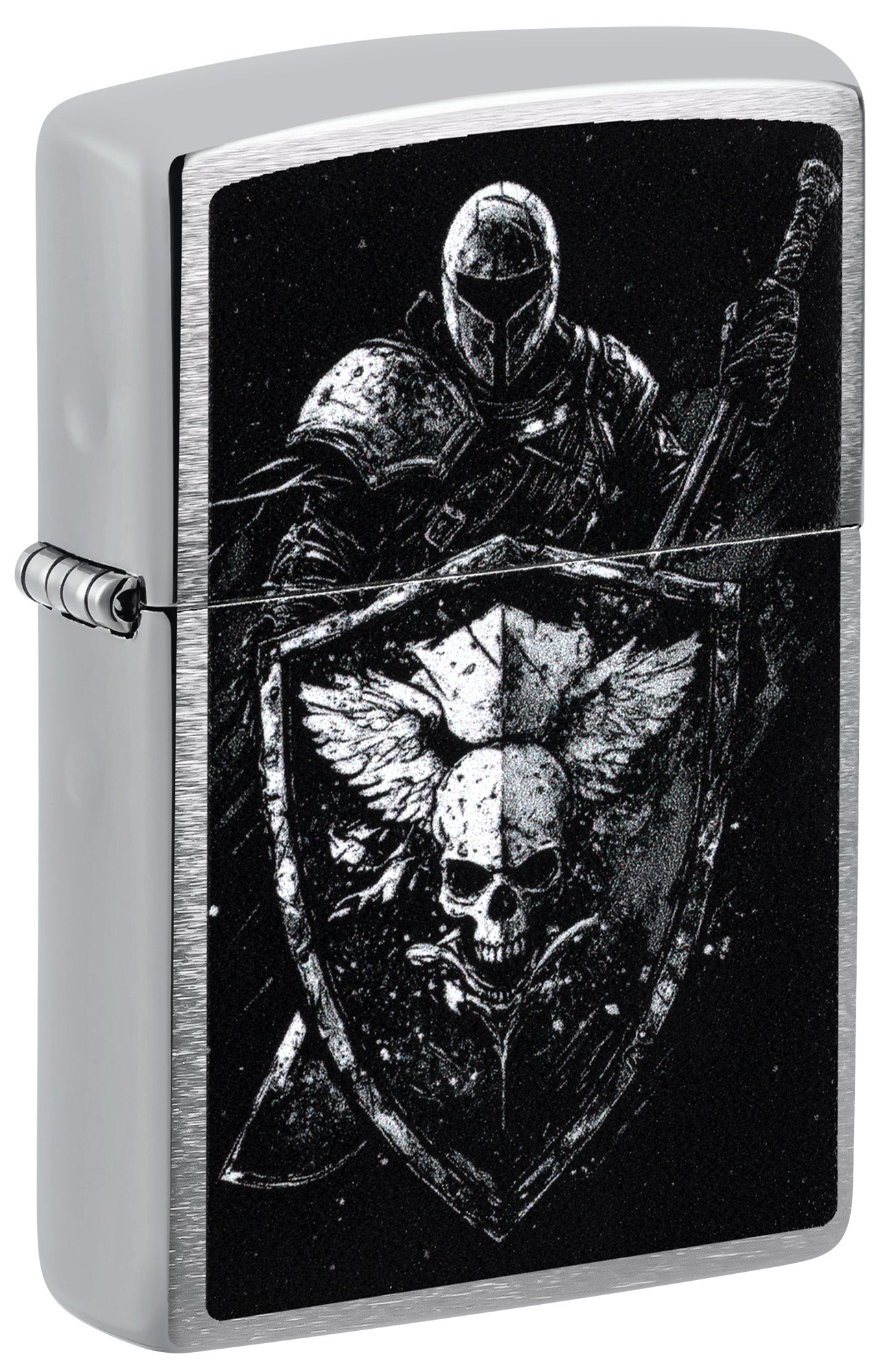 A silver Zippo lighter featuring a  graphic of a knight in armor holding a shield P1
