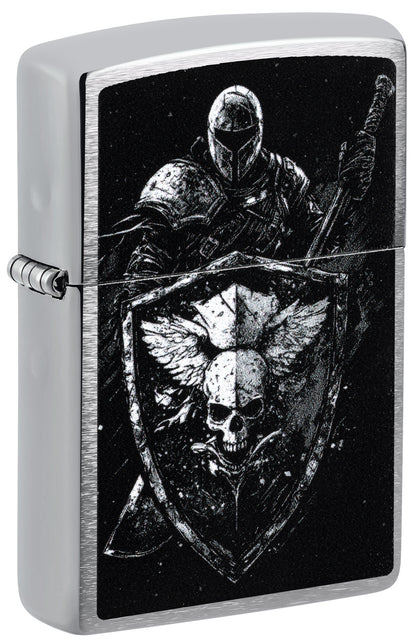 A silver Zippo lighter featuring a  graphic of a knight in armor holding a shield P1