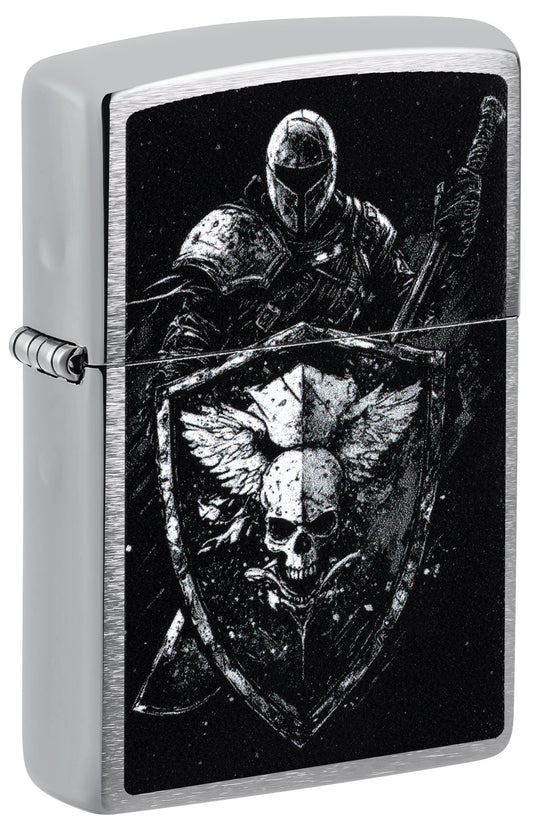 A silver Zippo lighter featuring a  graphic of a knight in armor holding a shield P1