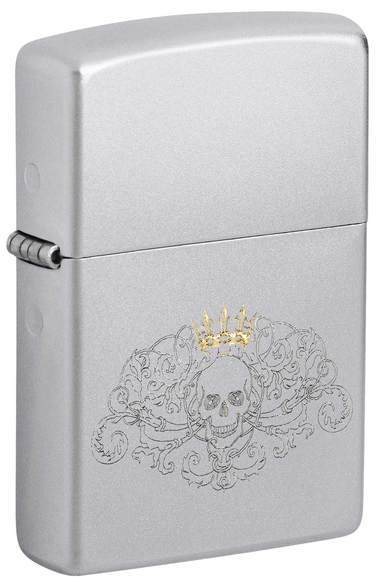 Silver Zippo lighter with skull and crown design P1