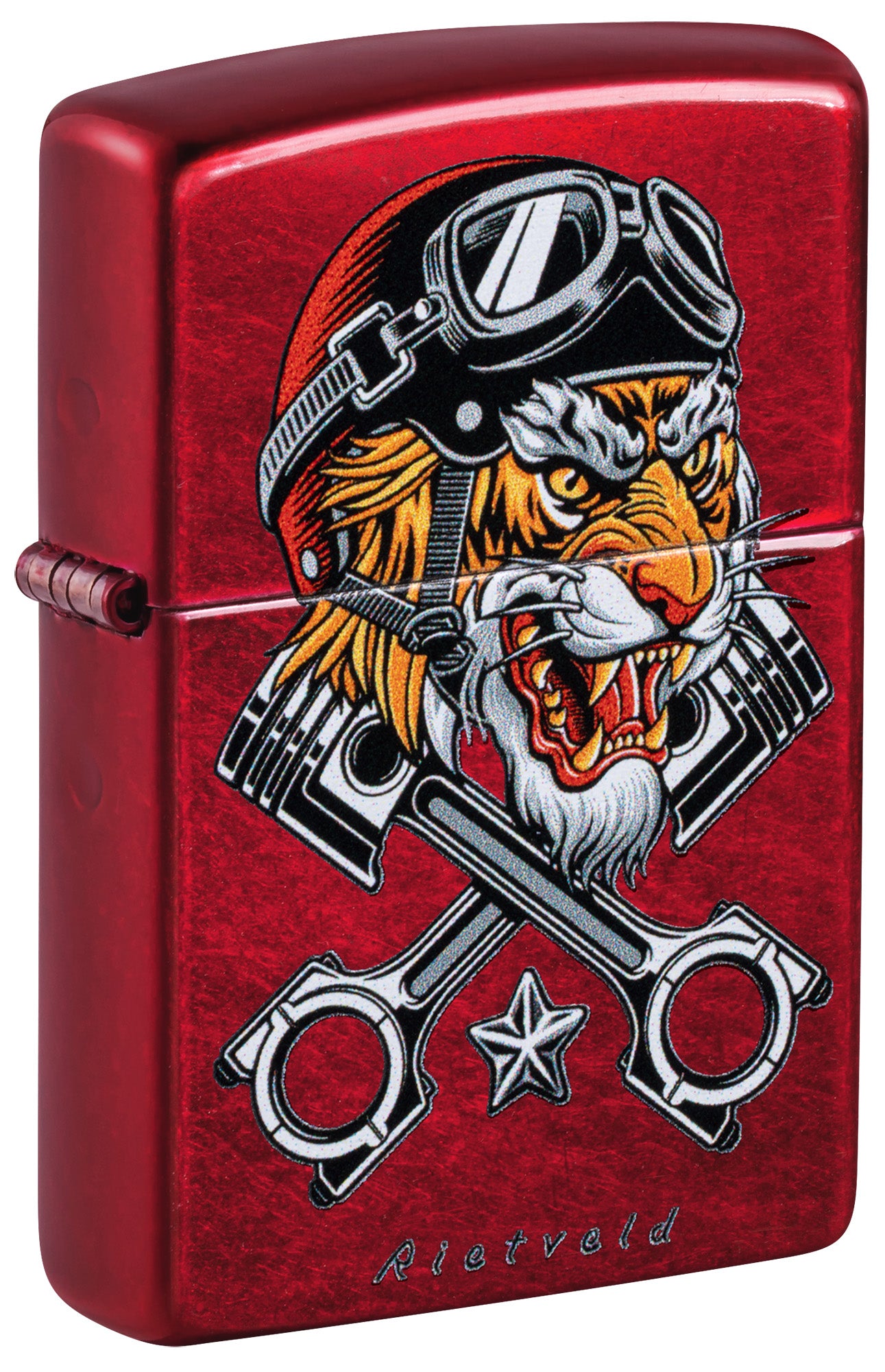 Red Zippo lighter with a tiger and motorcycle engine design P1