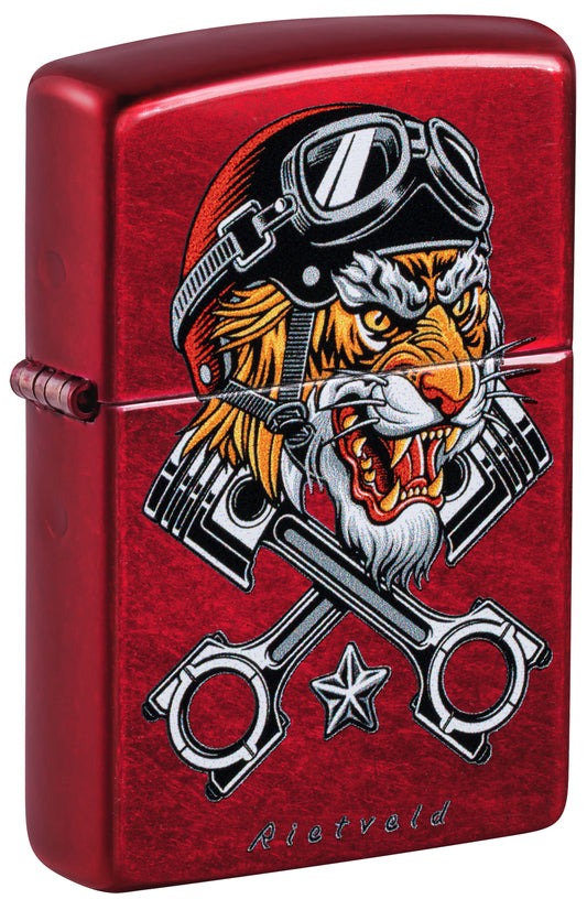 Red Zippo lighter with a tiger and motorcycle engine design P1