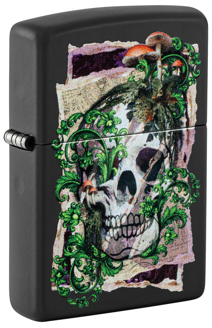 Black Zippo lighter with a skull and green foliage design P1