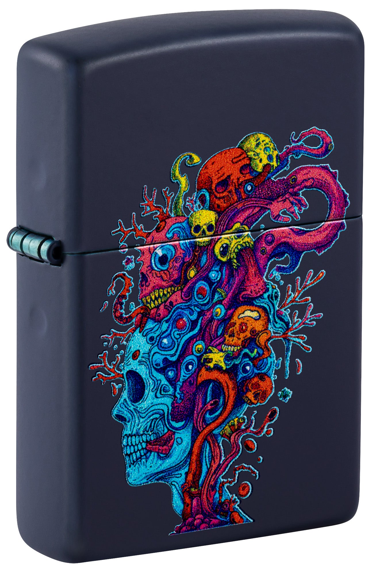Blue Zippo lighter with colorful skull design P1