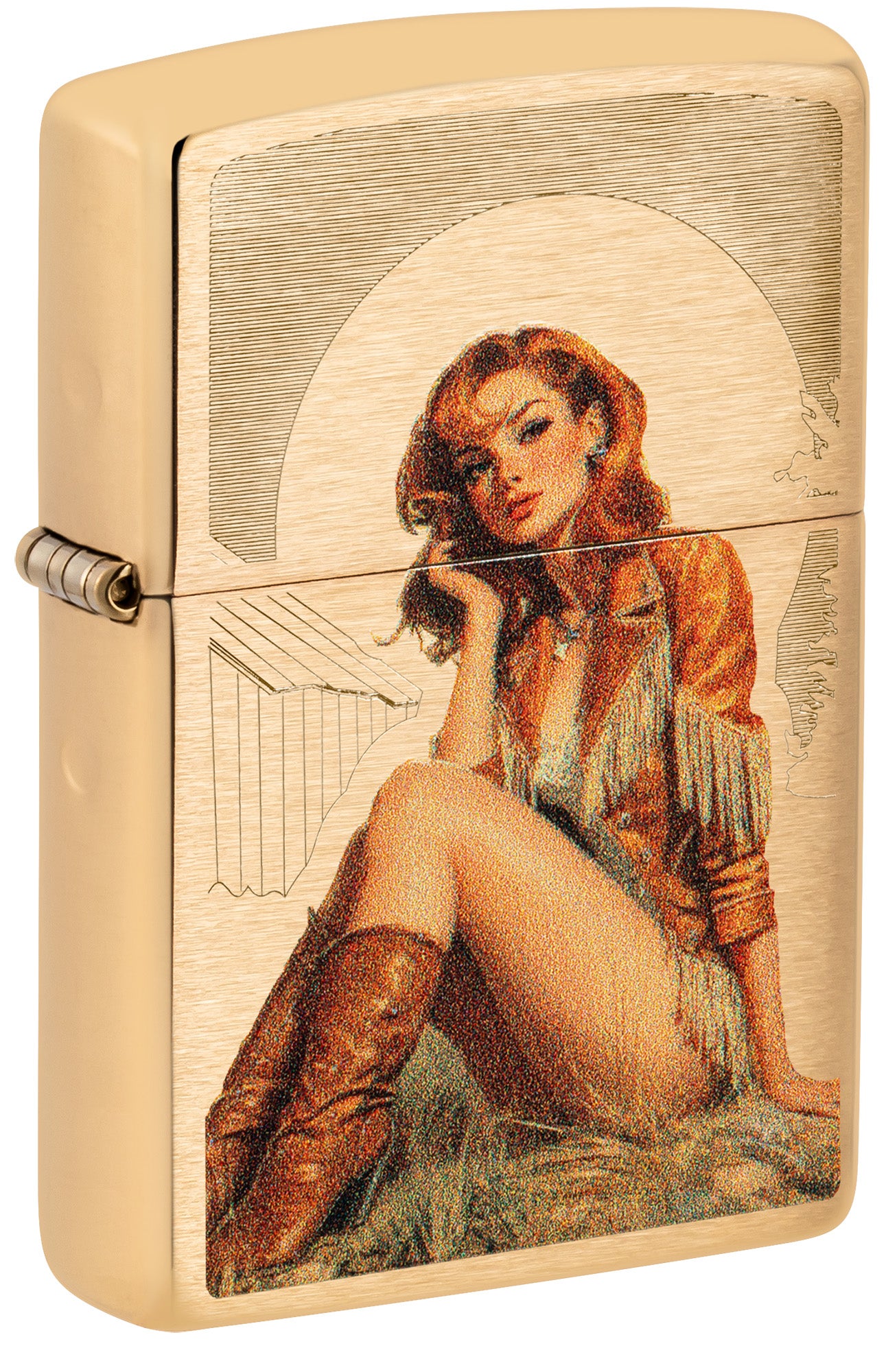 Gold Zippo lighter with cowgirl design P1