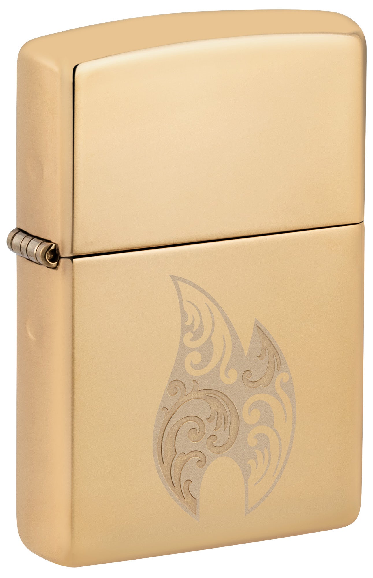 Gold Zippo lighter with a decorative flame design P1