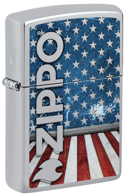 Zippo lighter with American flag design and Zippo branding P1