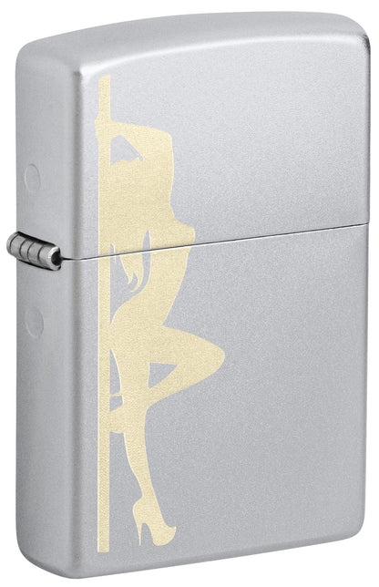 Silver Zippo lighter with a gold-colored silhouette of a pin-up girl on a pole P1