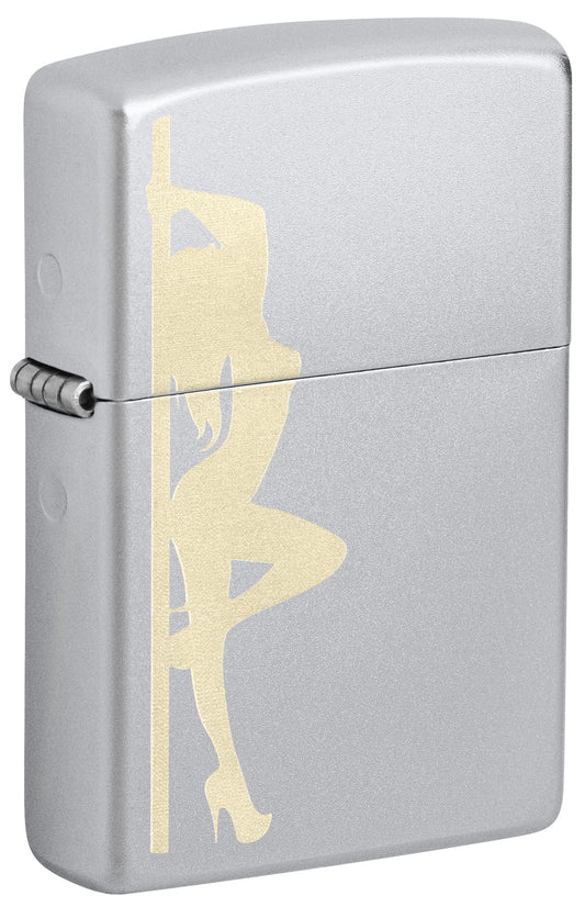 Silver Zippo lighter with a gold-colored silhouette of a pin-up girl on a pole P1
