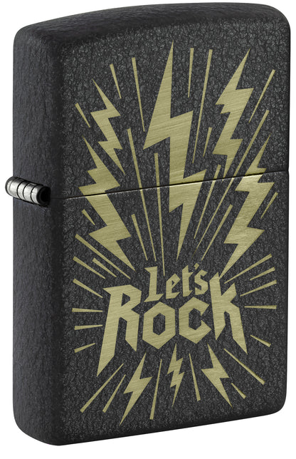 A black textured Zippo lighter with a gold graphic design featuring lightning bolts P1