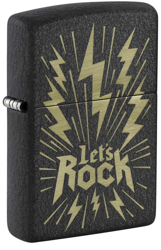 A black textured Zippo lighter with a gold graphic design featuring lightning bolts P1