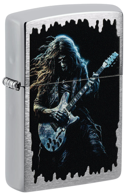 Zippo lighter with a graphic of a skeleton musician playing guitar P1