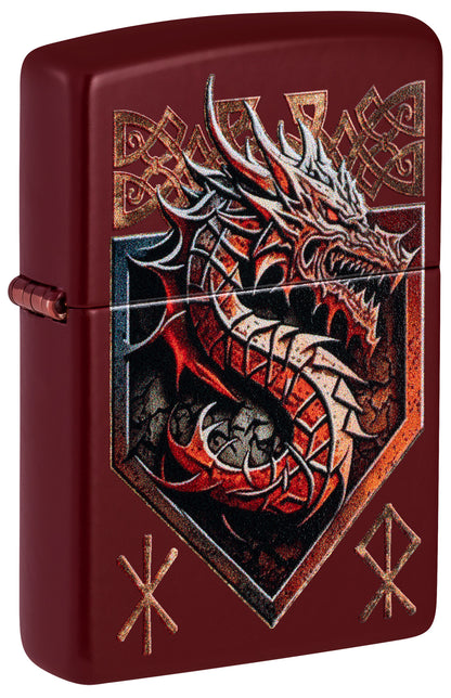 Maroon Zippo lighter with dragon design on a red background P1