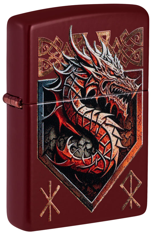 Maroon Zippo lighter with dragon design on a red background P1