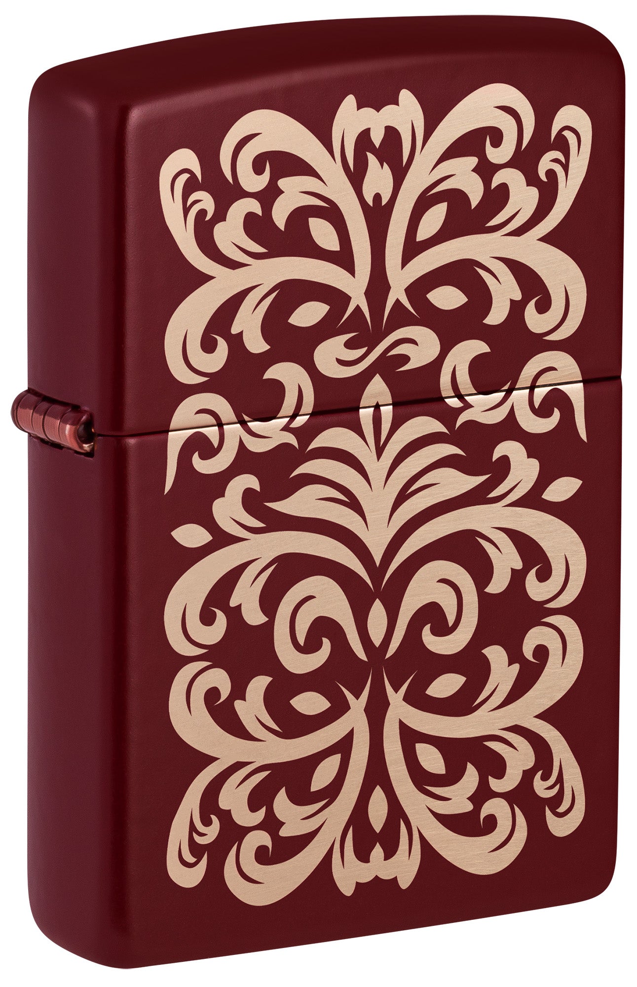 A matte dark red Zippo-style lighter with a symmetrical beige damask-style scroll pattern on the front.