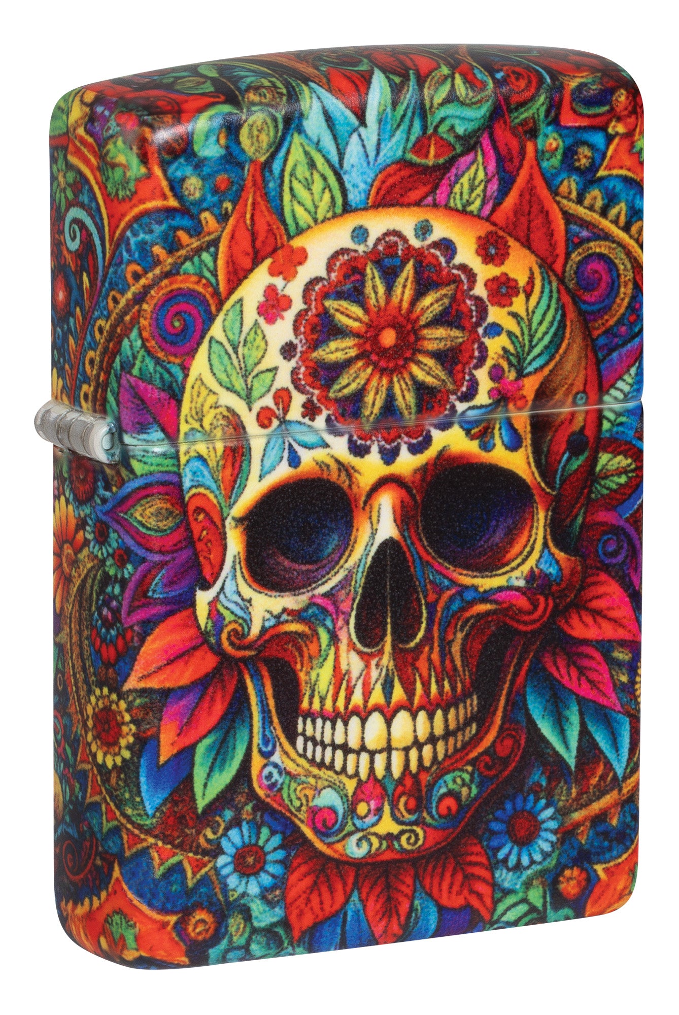 A lighter with rounded corners featuring a vibrant, multicolored sugar skull design on its body, complete with a silver metal clasp on the left side.