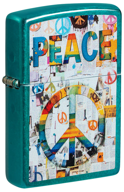 A teal green Zippo-style lighter with a colorful peace sign collage design on the front, featuring the word 'PEACE' in multicolored letters and a large peace symbol over a newspaper-style background.