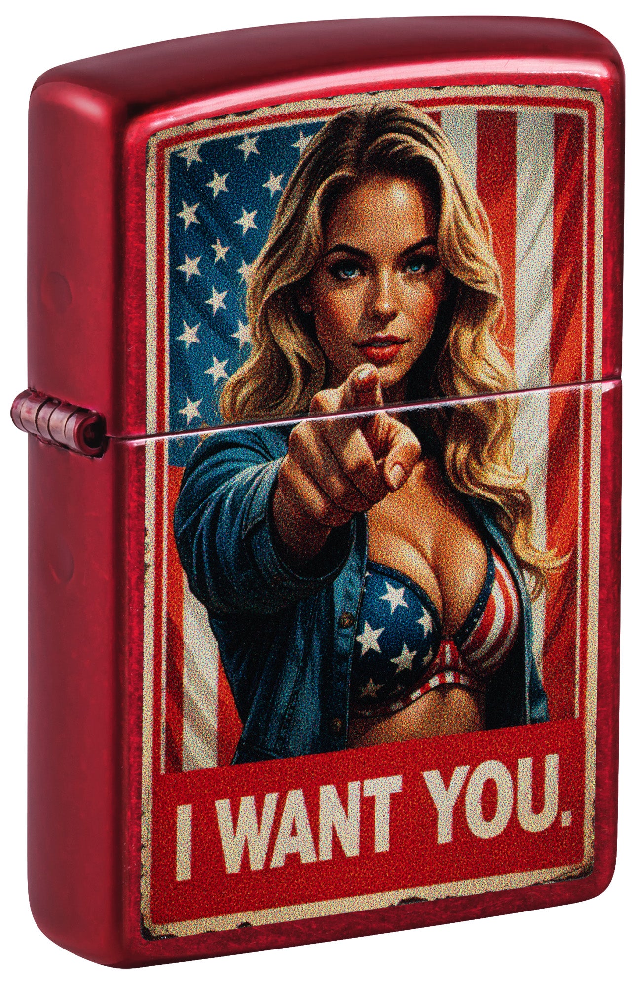 A red metal lighter with a printed graphic of a woman pointing forward against an American flag background, with the text 'I WANT YOU.' at the bottom.
