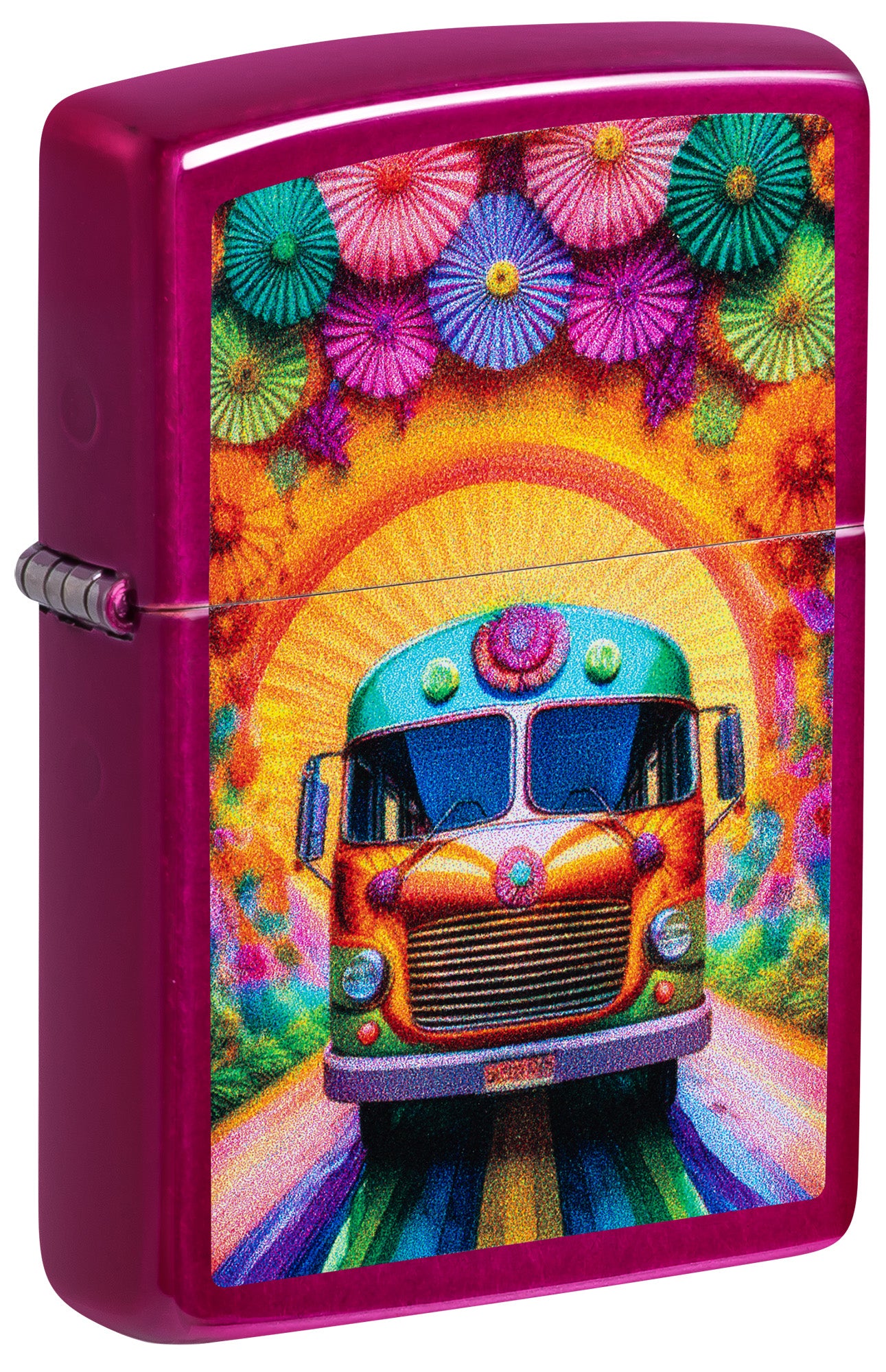 A magenta-pink Zippo-style lighter with a colorful psychedelic print on the front. The design features a retro bus in orange, yellow, and green, surrounded by a rainbow arch and multicolored flower umbrellas at the top.