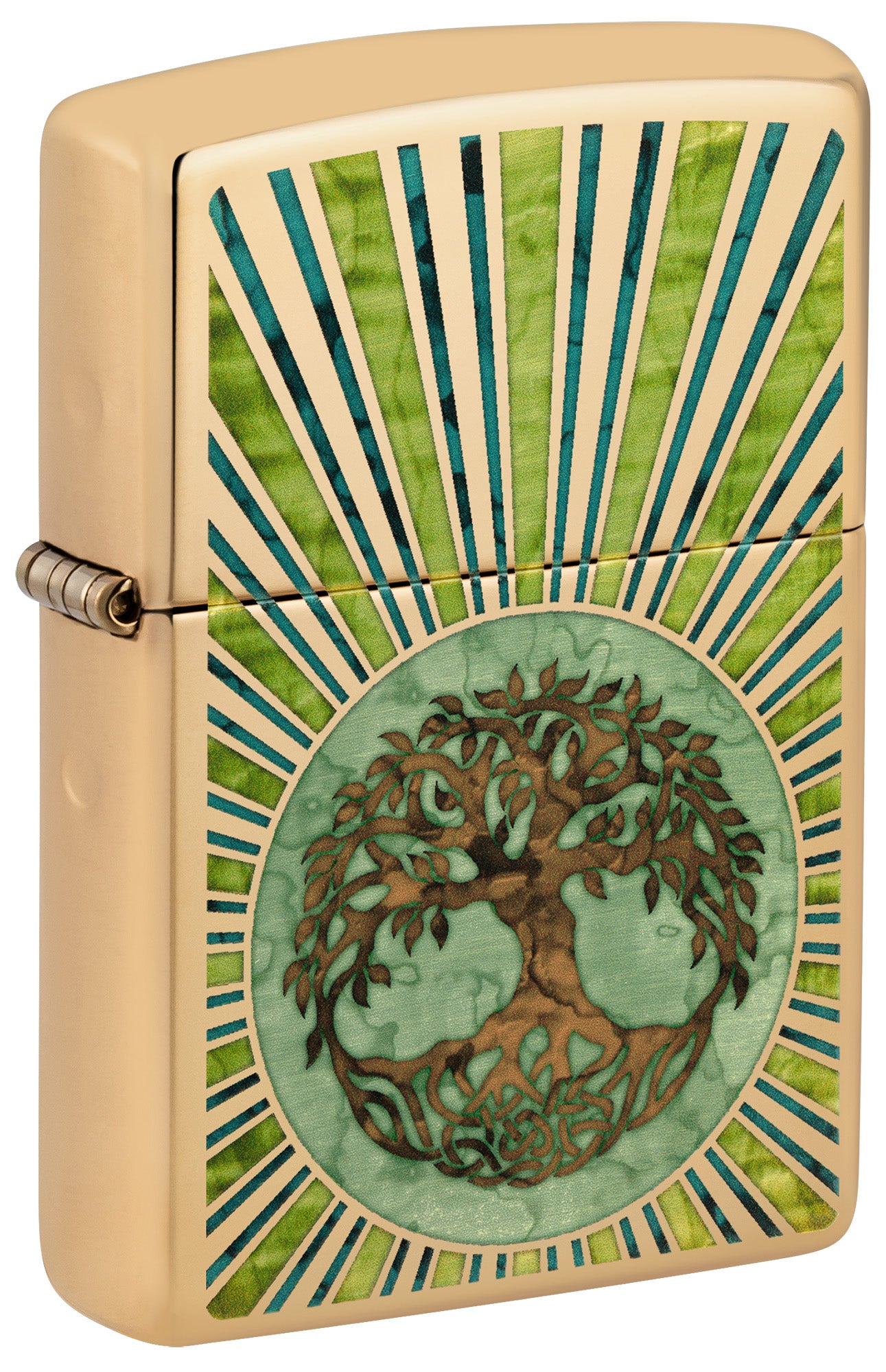 Zippo lighter with tree design and sunburst pattern P1