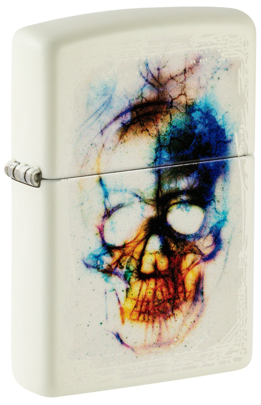 Colorful skull design on a Zippo lighter with a white background P1