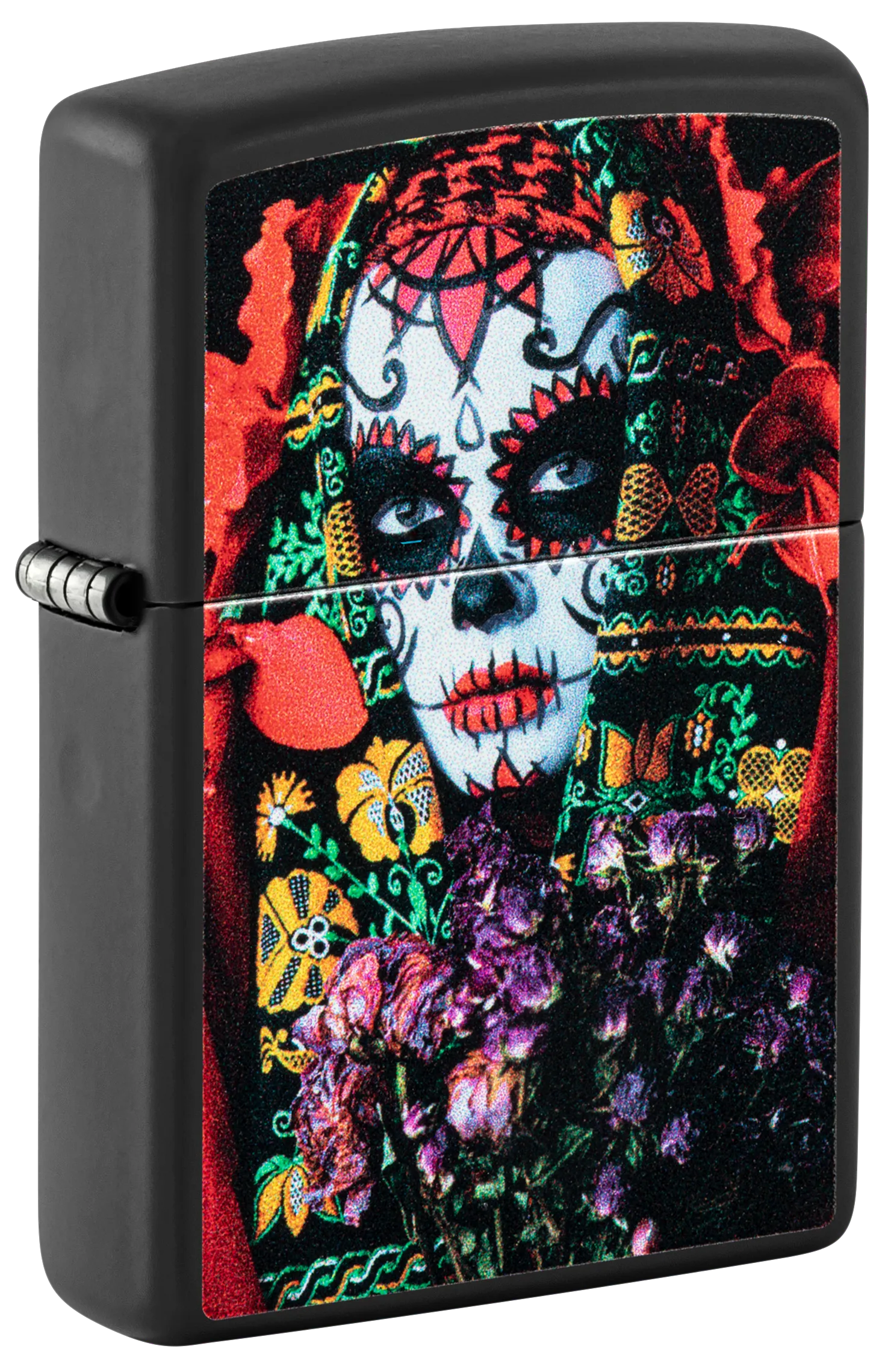 A black matte Zippo windproof lighter with a glow-in-the-dark sugar skull woman design P1