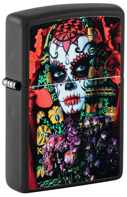 A black matte Zippo windproof lighter with a glow-in-the-dark sugar skull woman design P1