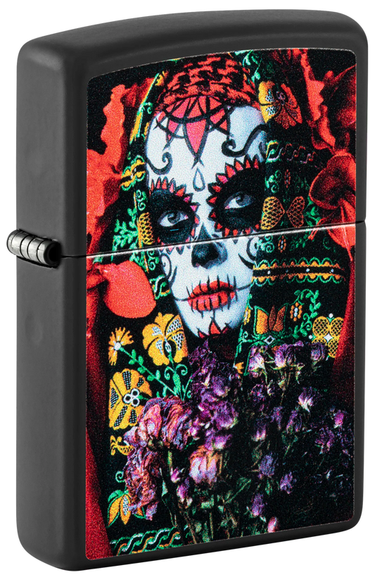 A black matte Zippo windproof lighter with a glow-in-the-dark sugar skull woman design P1