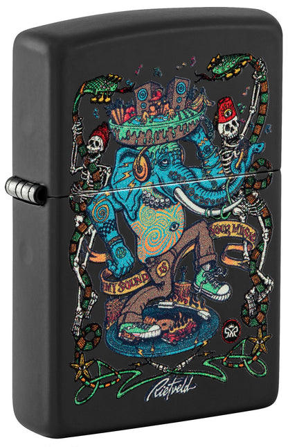 Black Zippo lighter with colorful elephant and skeletons design P1