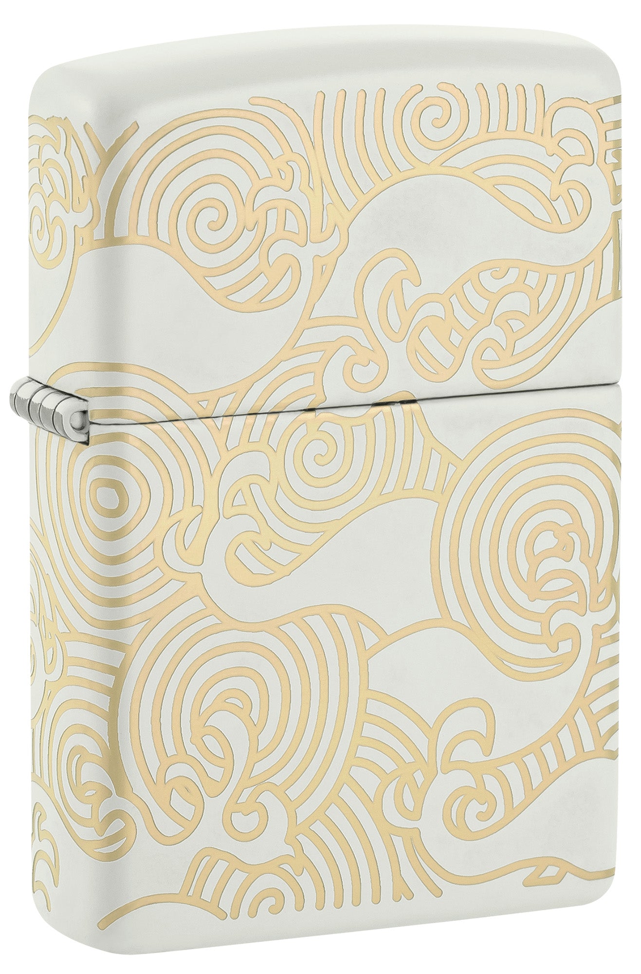 A white matte Zippo lighter with a gold line-art pattern P1