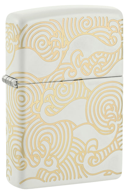 A white matte Zippo lighter with a gold line-art pattern P1