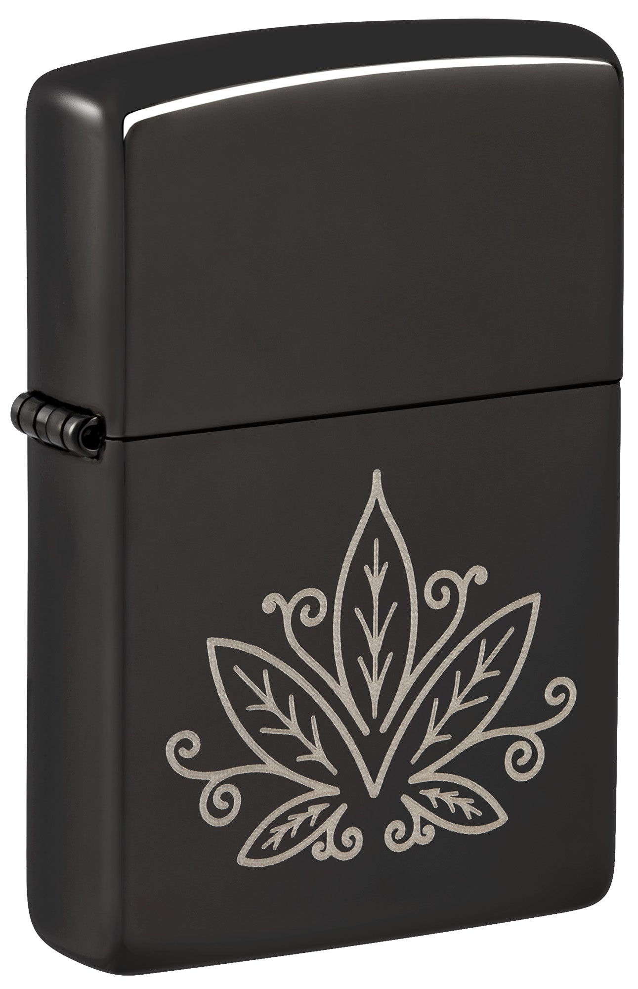 A matte black Zippo lighter with a silver engraved cannabis leaf design P1