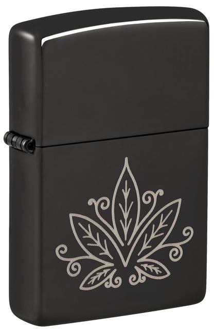 A matte black Zippo lighter with a silver engraved cannabis leaf design P1