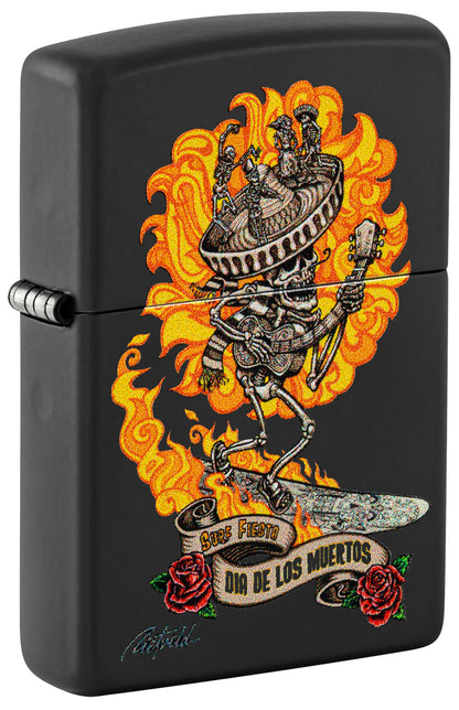 Black Zippo lighter with a colorful design of a skeleton, flames, and roses P1