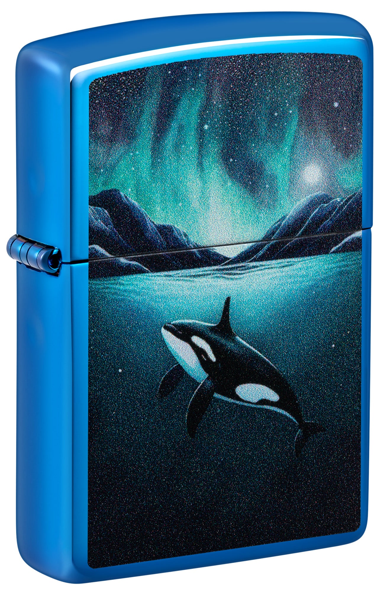Zippo lighter with an orca whale design and Northern Lights landscape P1