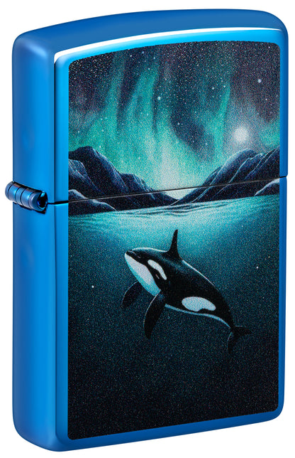 Zippo lighter with an orca whale design and Northern Lights landscape P1