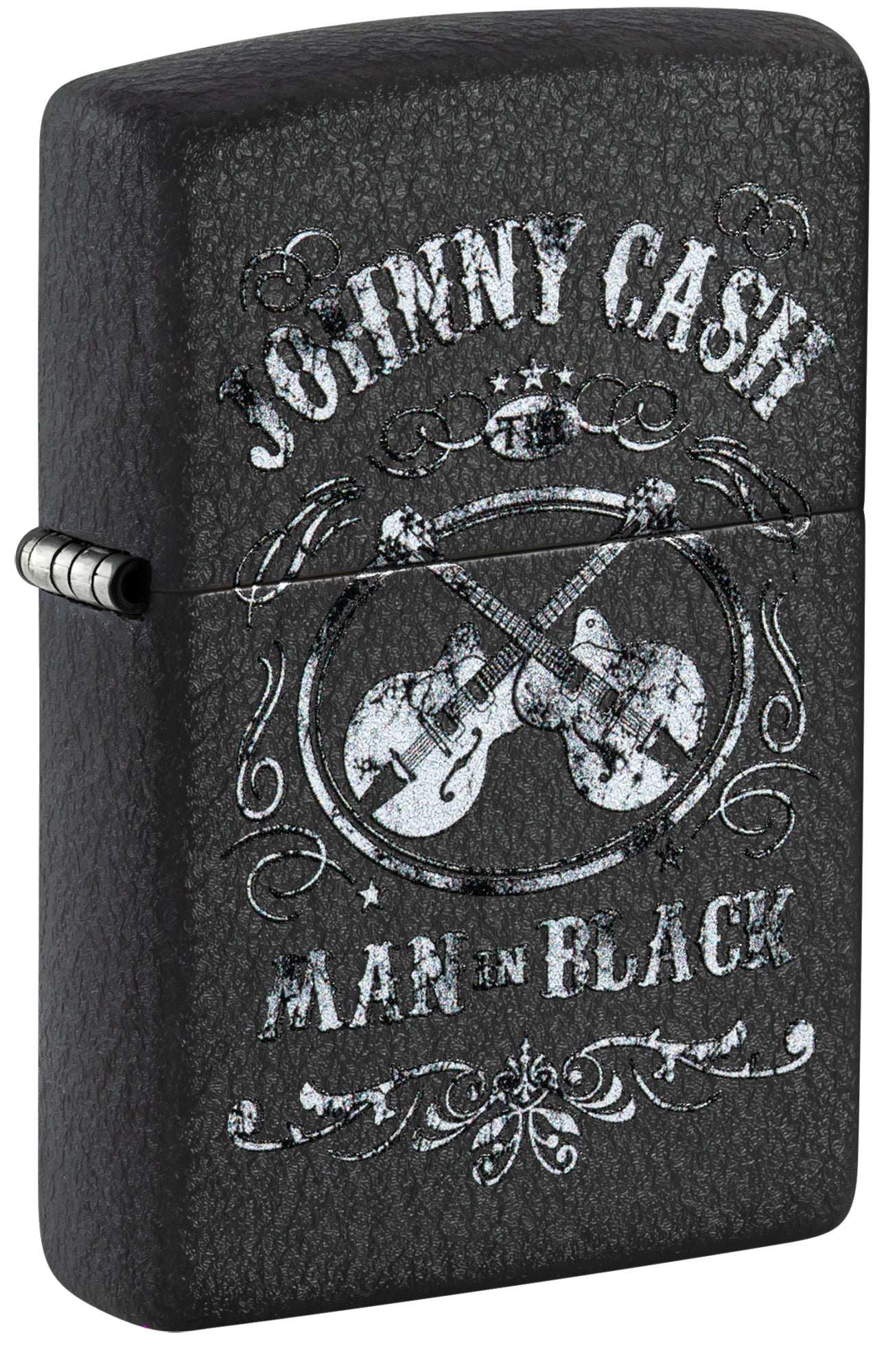 Black Zippo lighter with 'Johnny Cash Man in Black' design featuring guitars P1
