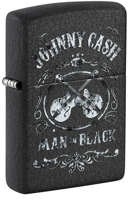 Black Zippo lighter with 'Johnny Cash Man in Black' design featuring guitars P1