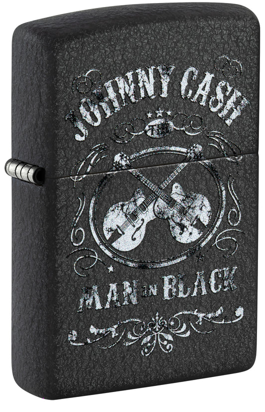 Black Zippo lighter with 'Johnny Cash Man in Black' design featuring guitars P1