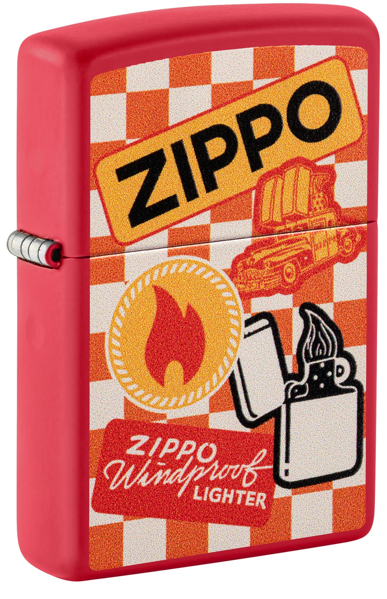 Red Zippo lighter with vintage design on a checkered background P1