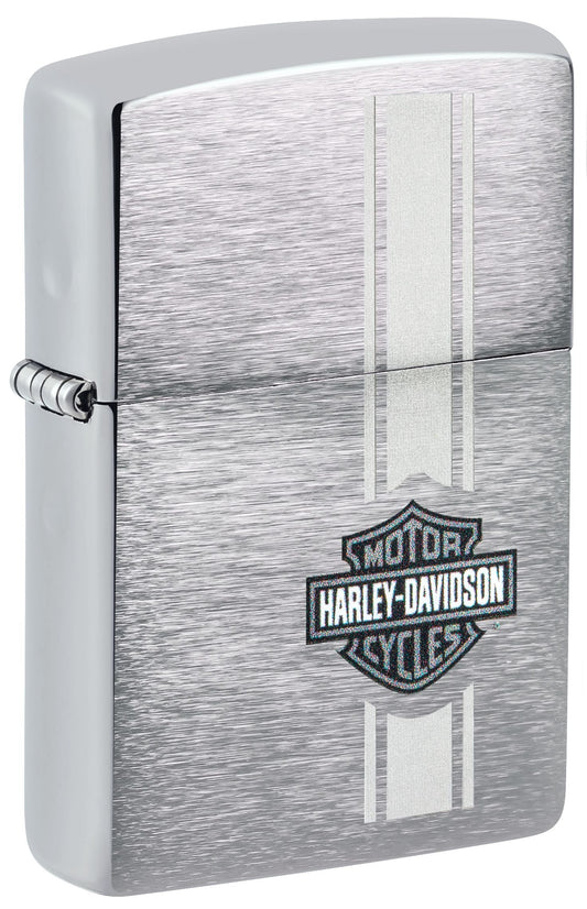 A brushed chrome Zippo windproof lighter with Harley-Davidson branding on the front. P1