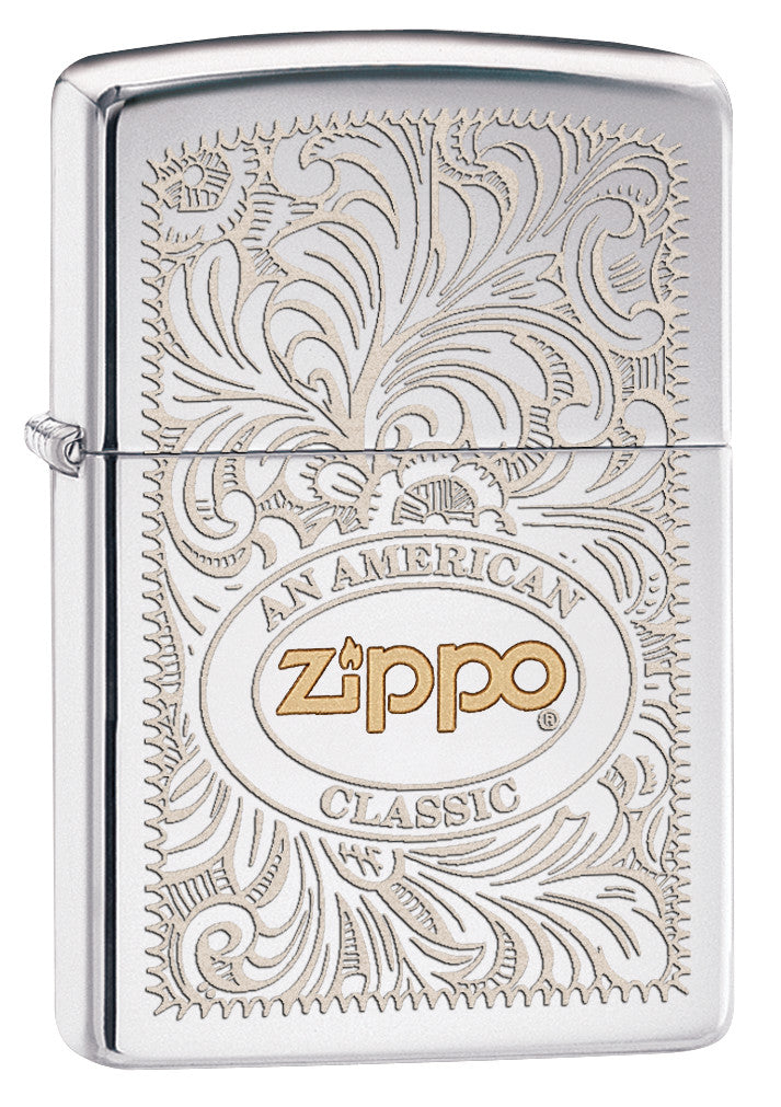 Zippo lighter with intricate design and gold 'Zippo' logo P1