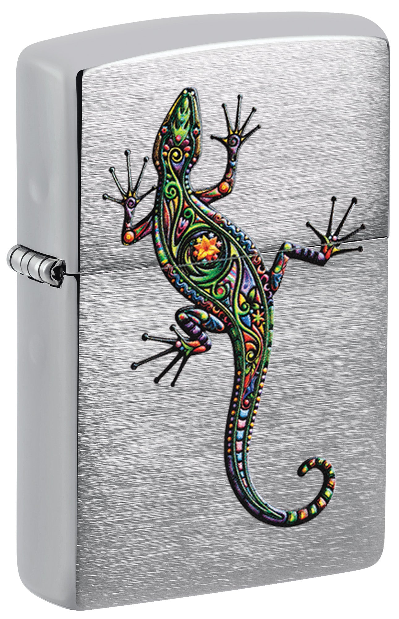 Zippo lighter with a colorful lizard design on a silver background P1