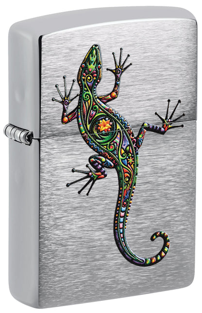 Zippo lighter with a colorful lizard design on a silver background P1