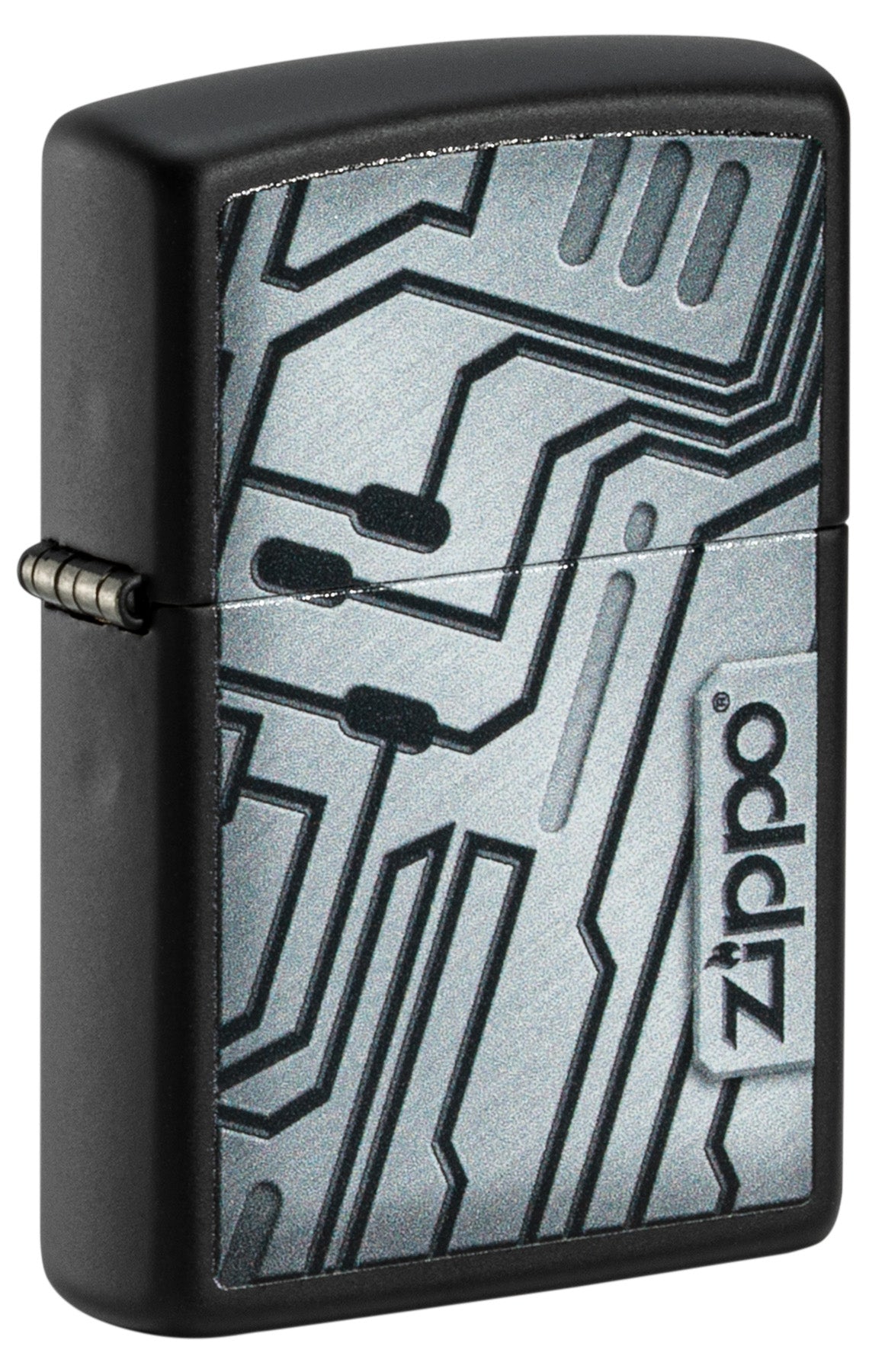 Zippo lighter with circuit board design on a black background P1