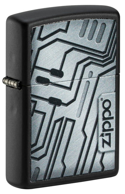 Zippo lighter with circuit board design on a black background P1
