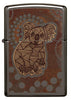 Zippo lighter front view Black Ice® with coloured illustration of a koala in the style of Aboriginal art.